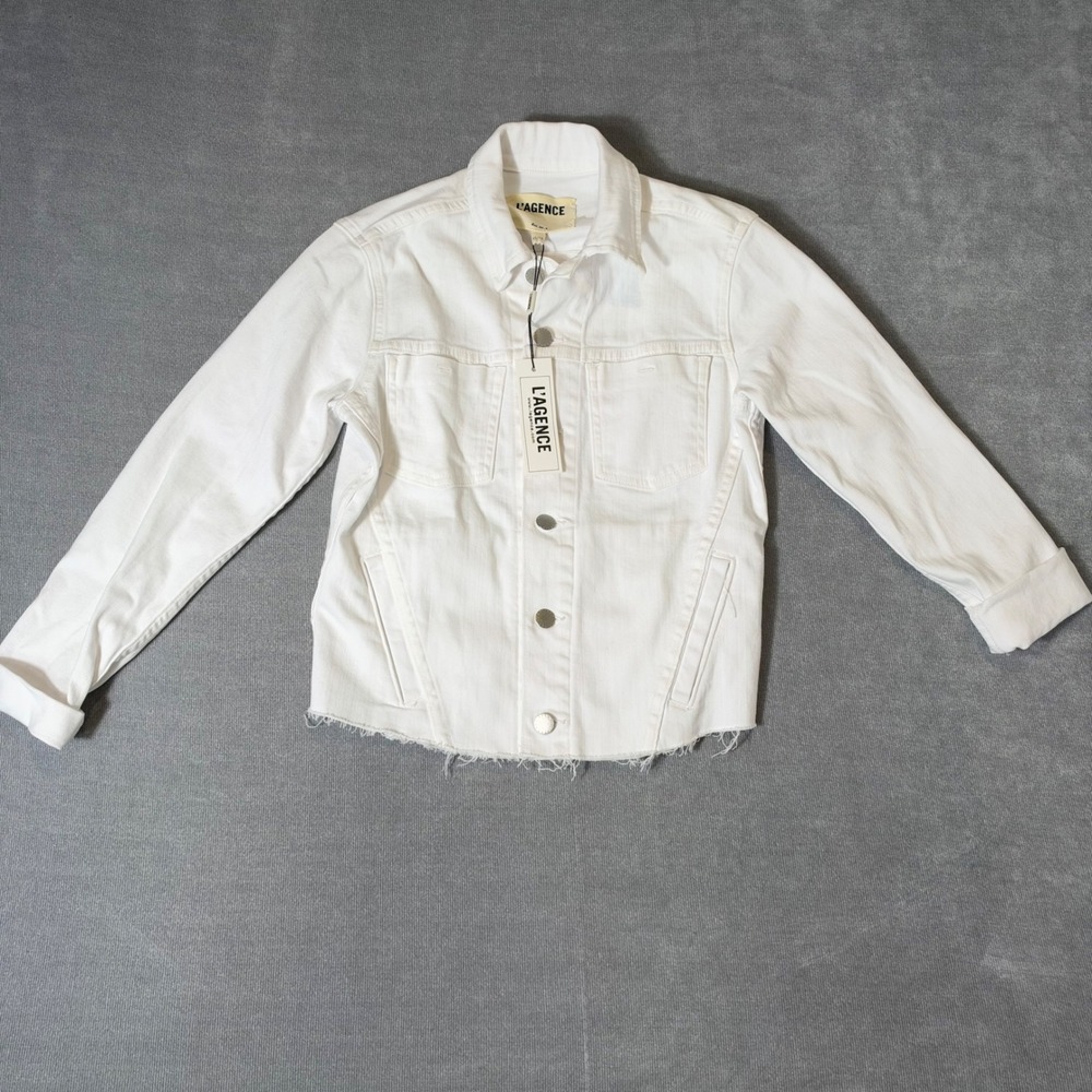 L'AGENCE Janelle Slim White Denim Jacket Raw Hem Blanc XS
